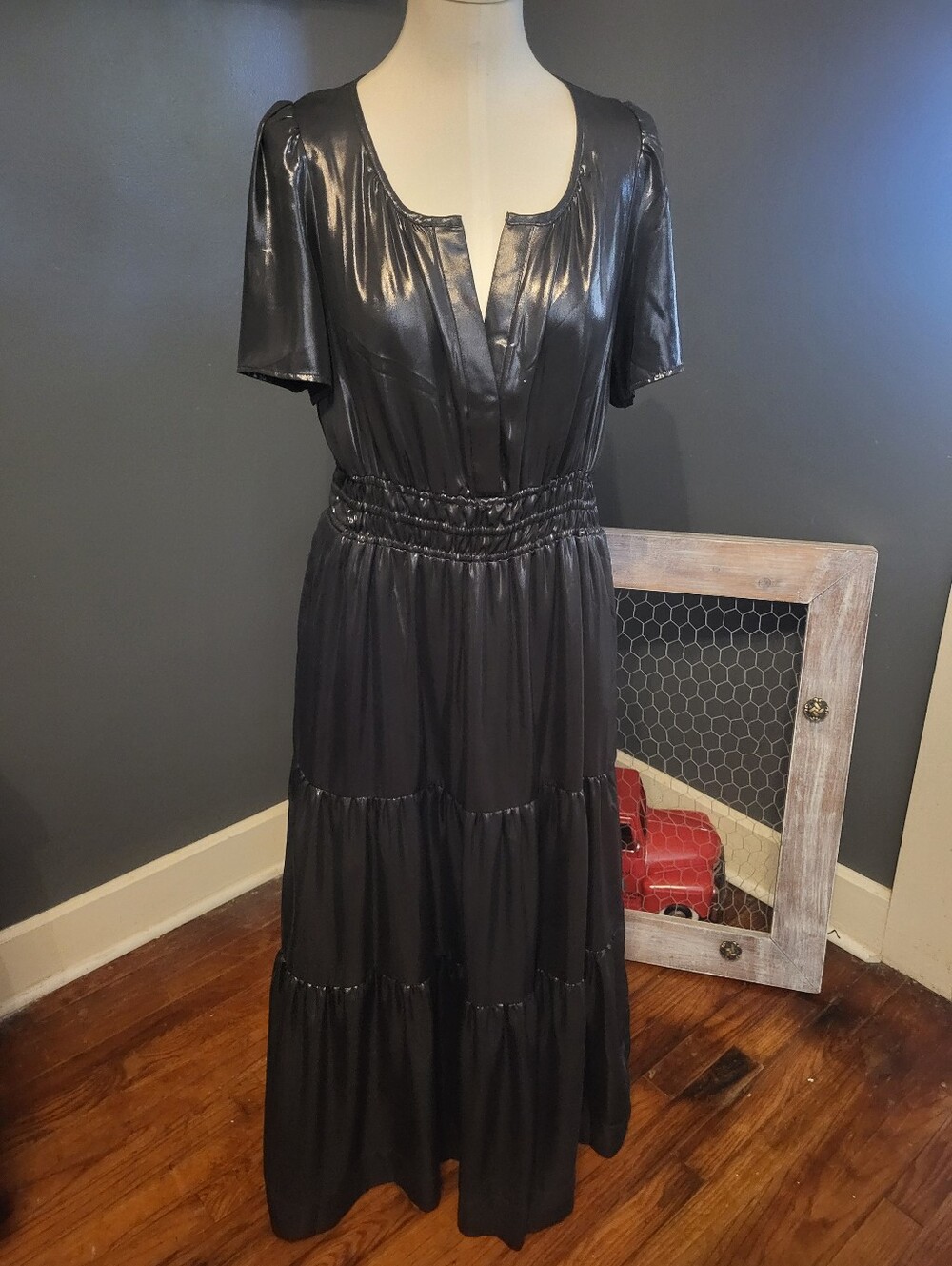 Anthropologie Shiny Black Tiered Maxi Dress